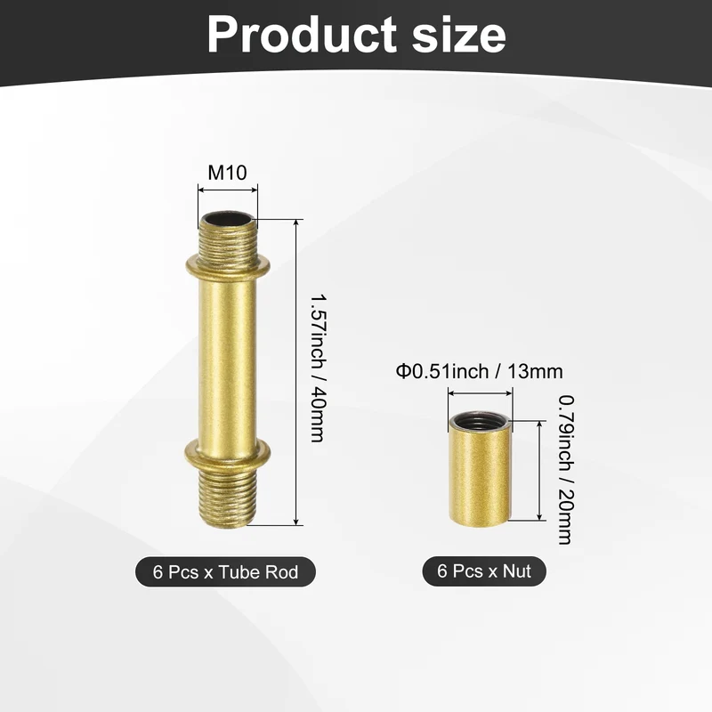6 Set 40mm Straight Pipe Lamp Stem Kit M10 Double End Thread Rod W/Nuts Gold