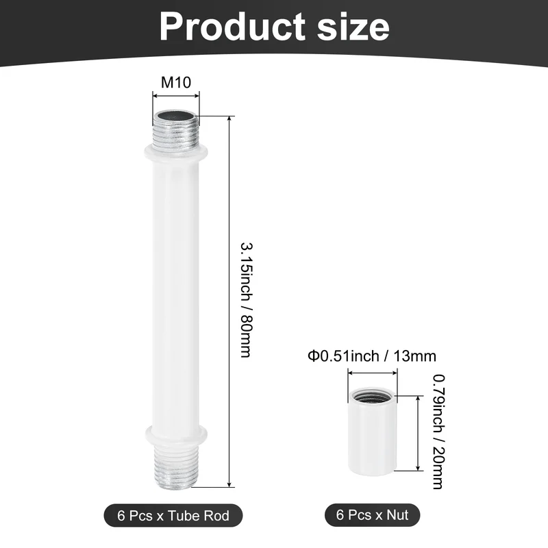 6 Set 80mm Straight Pipe Lamp Stem Kit M10 Double End Thread Rod W/Nuts White