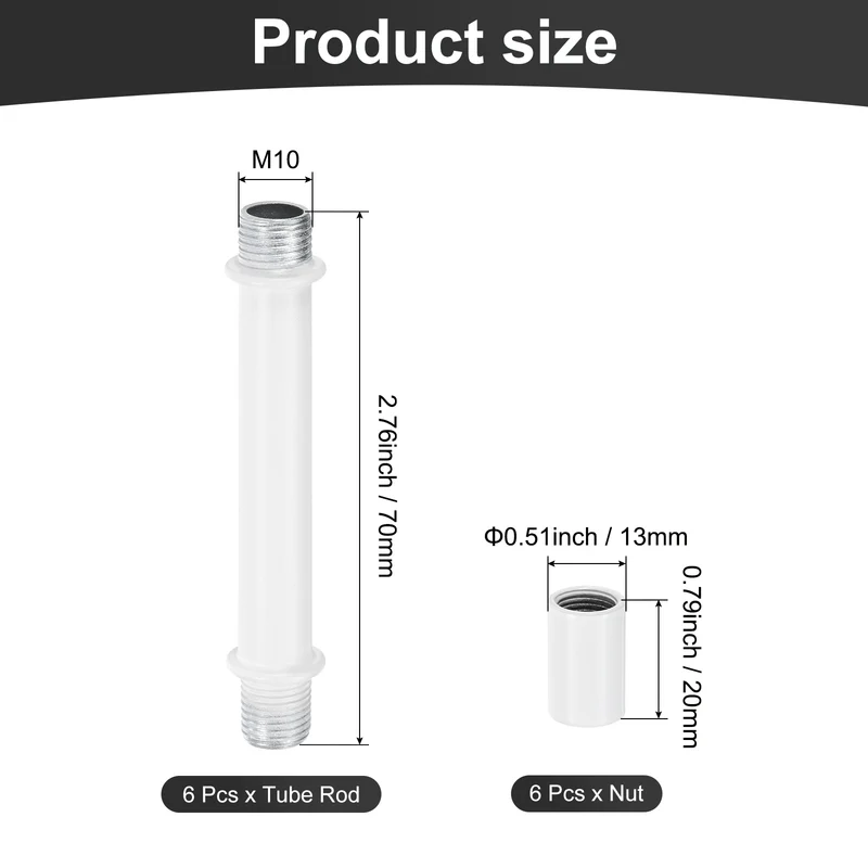 6 Set 70mm Straight Pipe Lamp Stem Kit M10 Double End Thread Rod W/Nuts White