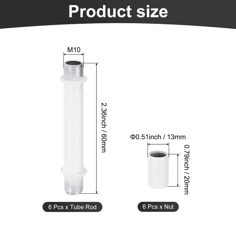 6 Set 60mm Straight Pipe Lamp Stem Kit M10 Double End Thread Rod W/Nuts White