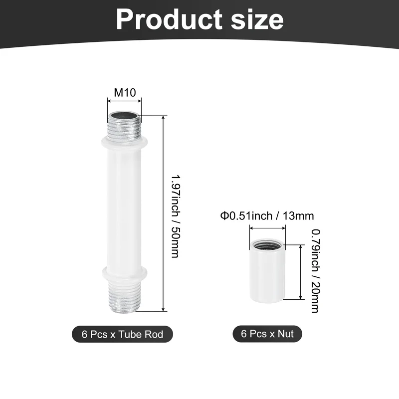 6 Set 50mm Straight Pipe Lamp Stem Kit M10 Double End Thread Rod W/Nuts White