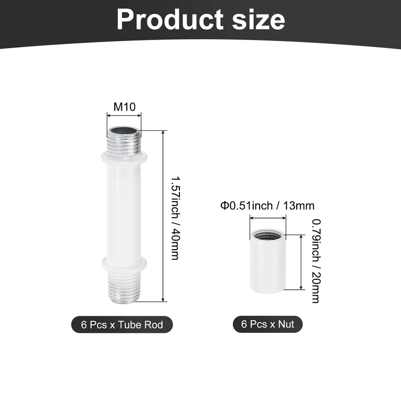 6 Set 40mm Straight Pipe Lamp Stem Kit M10 Double End Thread Rod W/Nuts White