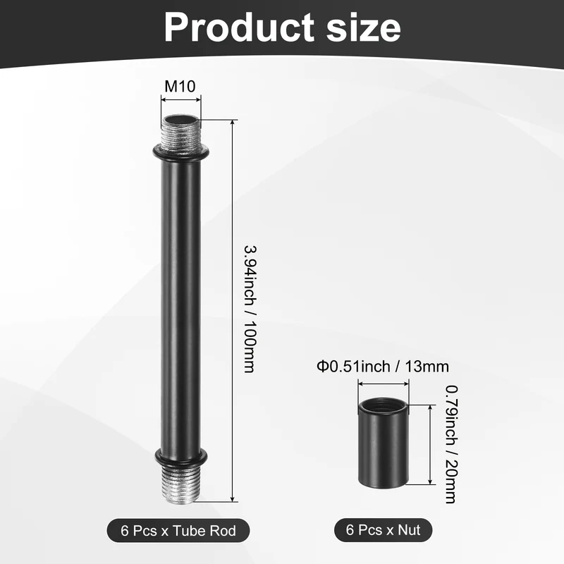 6 Set 100mm Straight Pipe Lamp Stem Kit M10 Double End Thread Rod W/Nuts Black