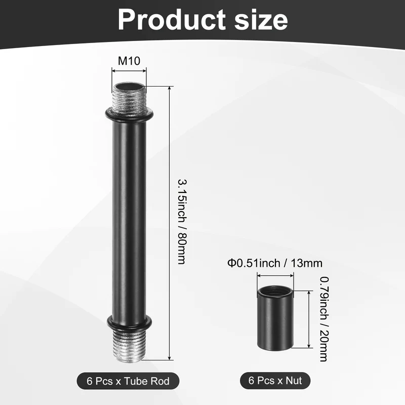 6 Set 80mm Straight Pipe Lamp Stem Kit M10 Double End Thread Rod W/Nuts Black