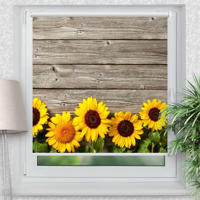 Klemmfix Rollo "Sonnenblumen Holzwand" | Motiv-Klemmrollo