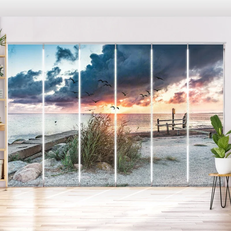 Schiebegardine Motiv "Sonnenuntergang Strand Meer Vögel"