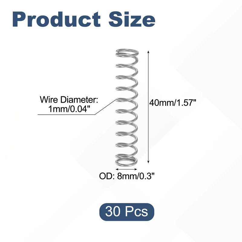 30Pcs Compression Spring 304 Stainless Steel, 1mm Wire, 8x40mm (ODxL)