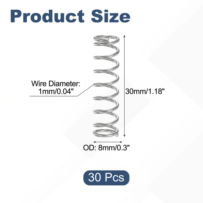 30Pcs Compression Spring 304 Stainless Steel, 1mm Wire, 8x30mm (ODxL)