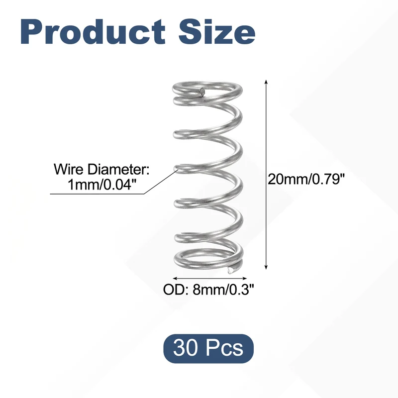 30Pcs Compression Spring 304 Stainless Steel, 1mm Wire, 8x20mm (ODxL)
