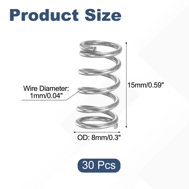 30Pcs Compression Spring 304 Stainless Steel, 1mm Wire, 8x15mm (ODxL)