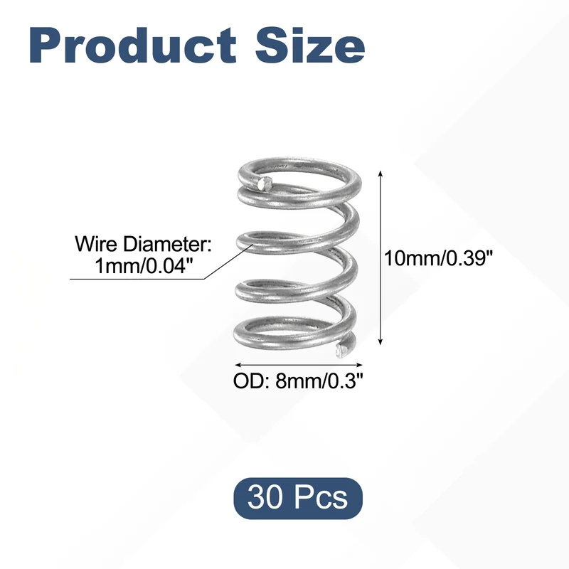 30Pcs Compression Spring 304 Stainless Steel, 1mm Wire, 8x10mm (ODxL)
