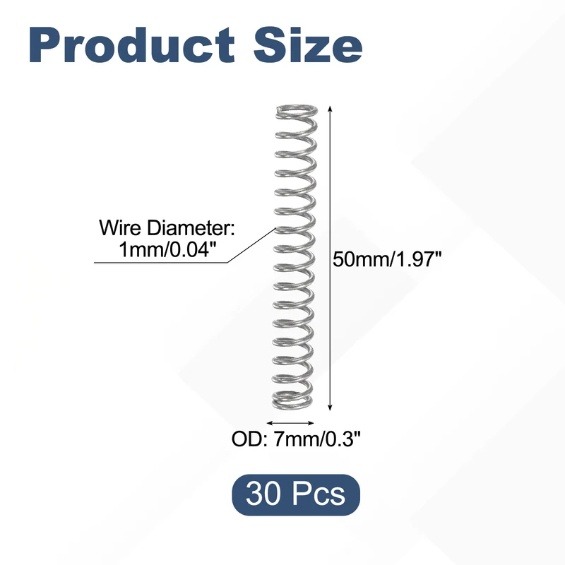 30Pcs Compression Spring 304 Stainless Steel, 1mm Wire, 7x50mm (ODxL)