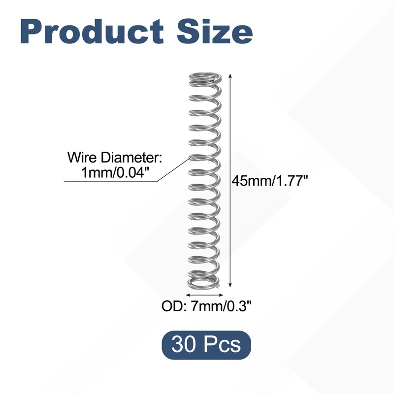 30Pcs Compression Spring 304 Stainless Steel, 1mm Wire, 7x45mm (ODxL)