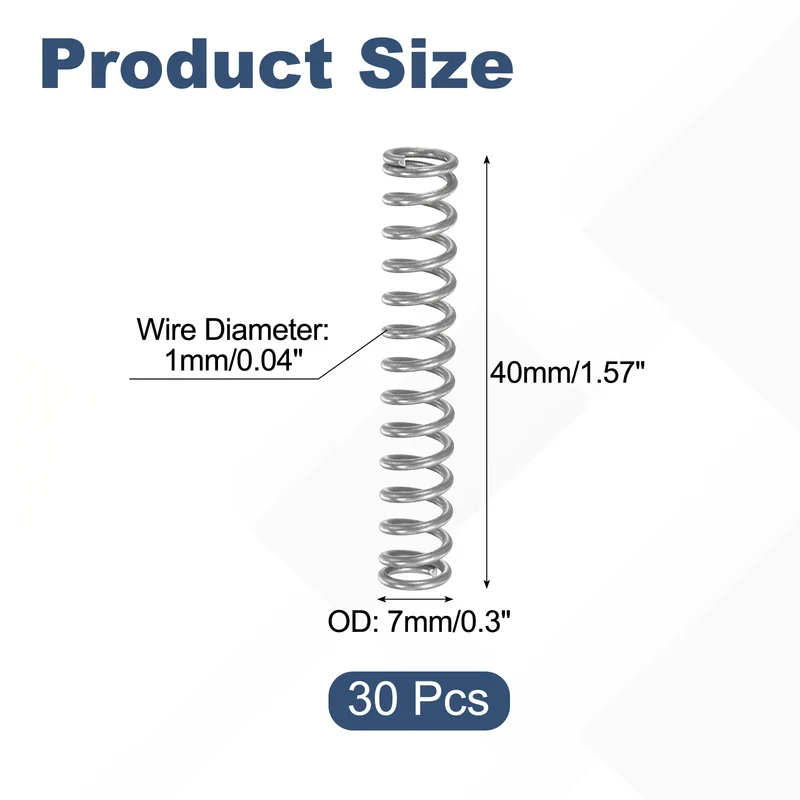 30Pcs Compression Spring 304 Stainless Steel, 1mm Wire, 7x40mm (ODxL)