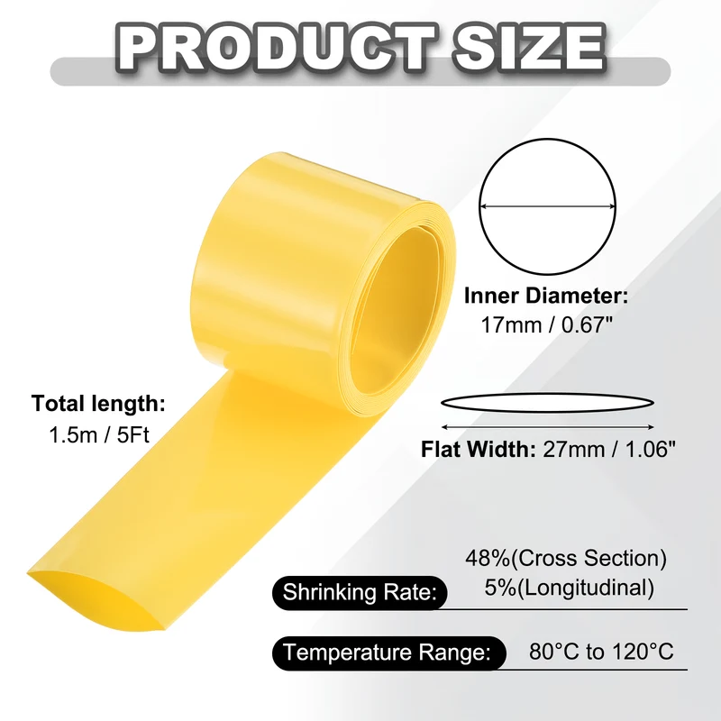 Battery Wrap, Heat Shrink Tubing, 27mm Flat Width 17mm ID, Yellow