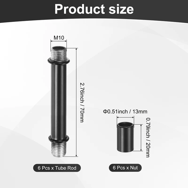 6 Set 70mm Straight Pipe Lamp Stem Kit M10 Double End Thread Rod W/Nuts Black