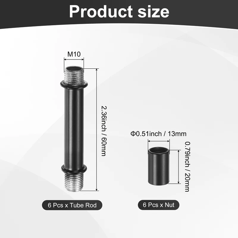 6 Set 60mm Straight Pipe Lamp Stem Kit M10 Double End Thread Rod W/Nuts Black