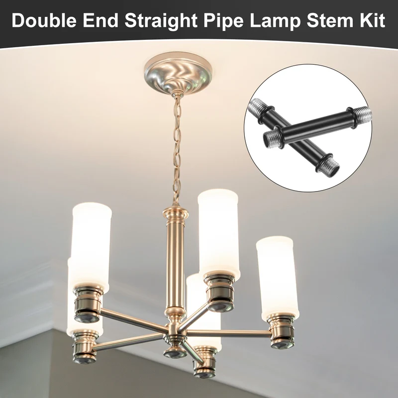 6 Set 60mm Straight Pipe Lamp Stem Kit M10 Double End Thread Rod W/Nuts Black