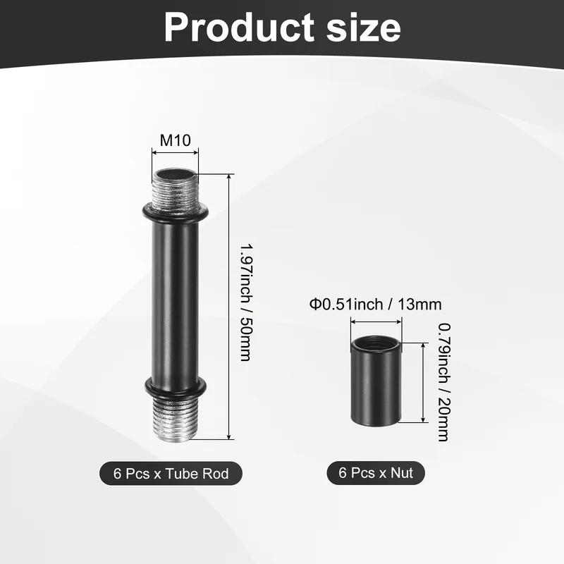 6 Set 50mm Straight Pipe Lamp Stem Kit M10 Double End Thread Rod W/Nuts Black