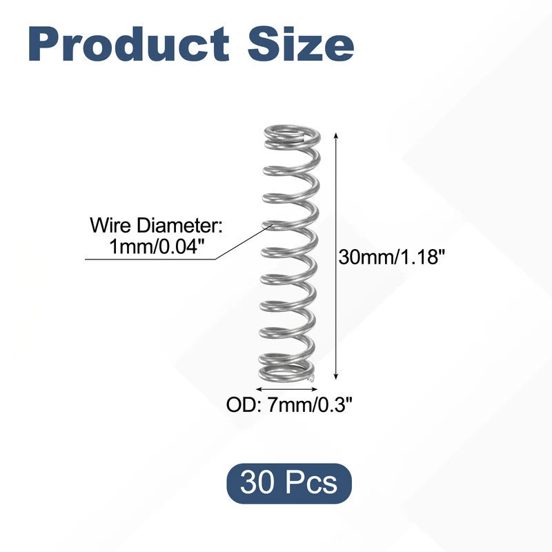 30Pcs Compression Spring 304 Stainless Steel, 1mm Wire, 7x30mm (ODxL)