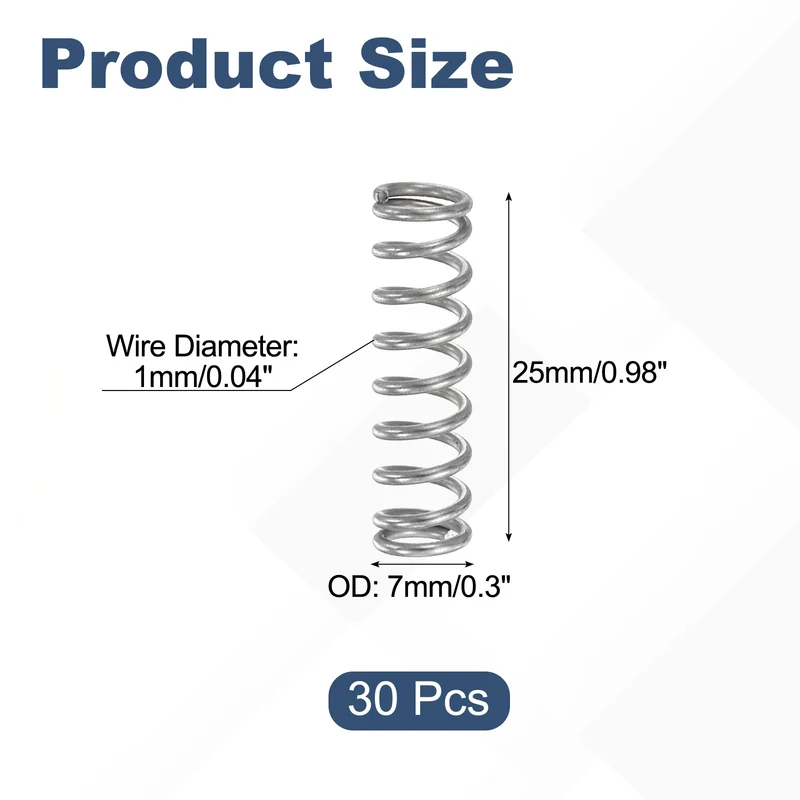 30Pcs Compression Spring 304 Stainless Steel, 1mm Wire, 7x25mm (ODxL)