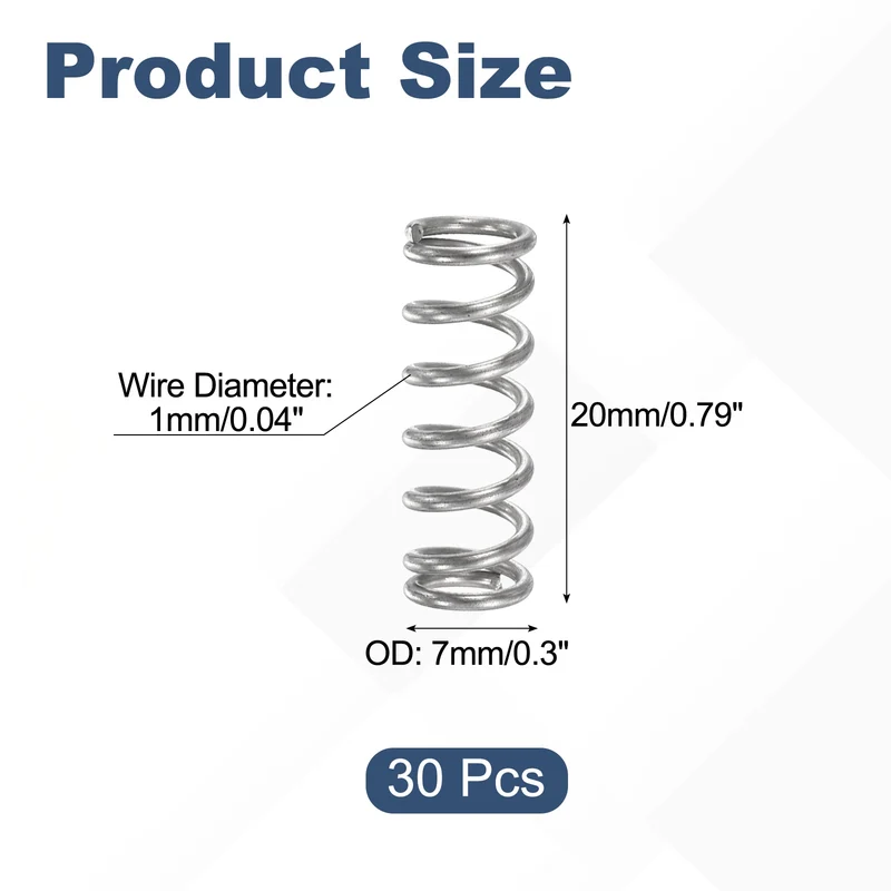 30Pcs Compression Spring 304 Stainless Steel, 1mm Wire, 7x20mm (ODxL)