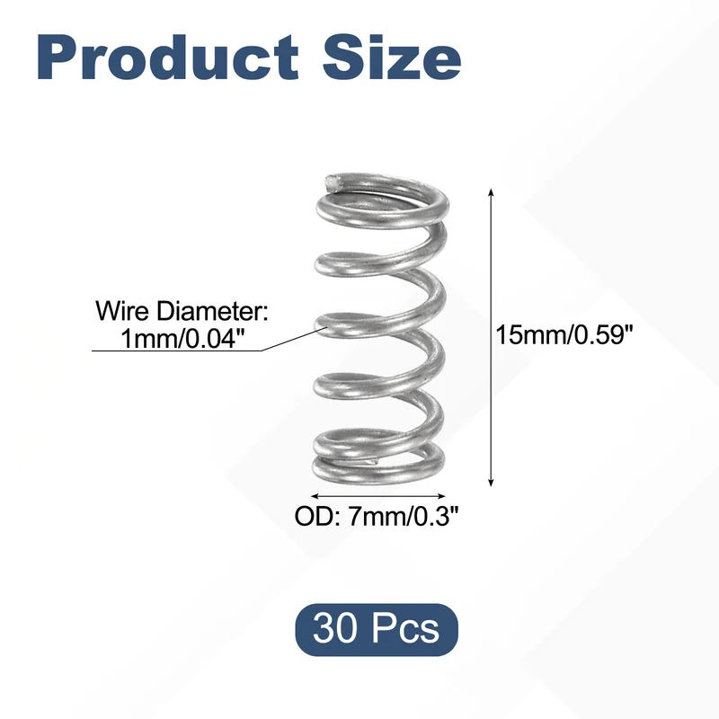 30Pcs Compression Spring 304 Stainless Steel, 1mm Wire, 7x15mm (ODxL)