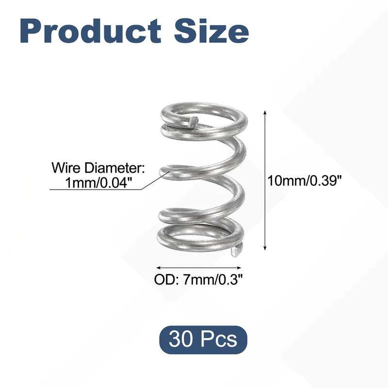 30Pcs Compression Spring 304 Stainless Steel, 1mm Wire, 7x10mm (ODxL)