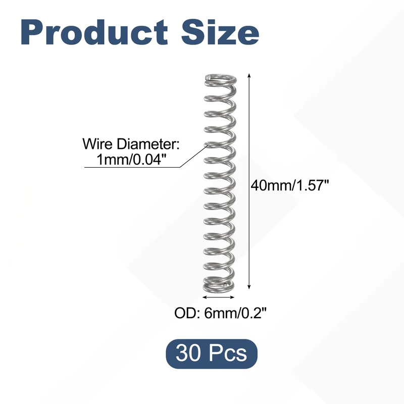 30Pcs Compression Spring 304 Stainless Steel, 1mm Wire, 6x40mm (ODxL)