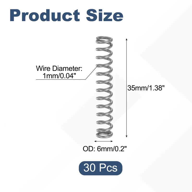 30Pcs Compression Spring 304 Stainless Steel, 1mm Wire, 6x35mm (ODxL)