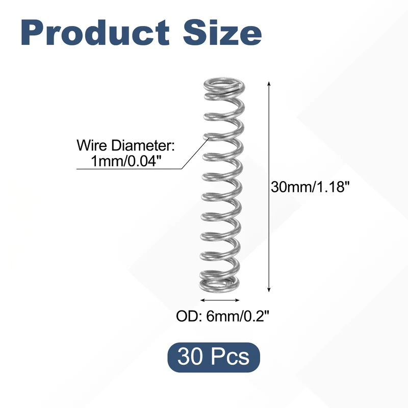 30Pcs Compression Spring 304 Stainless Steel, 1mm Wire, 6x30mm (ODxL)