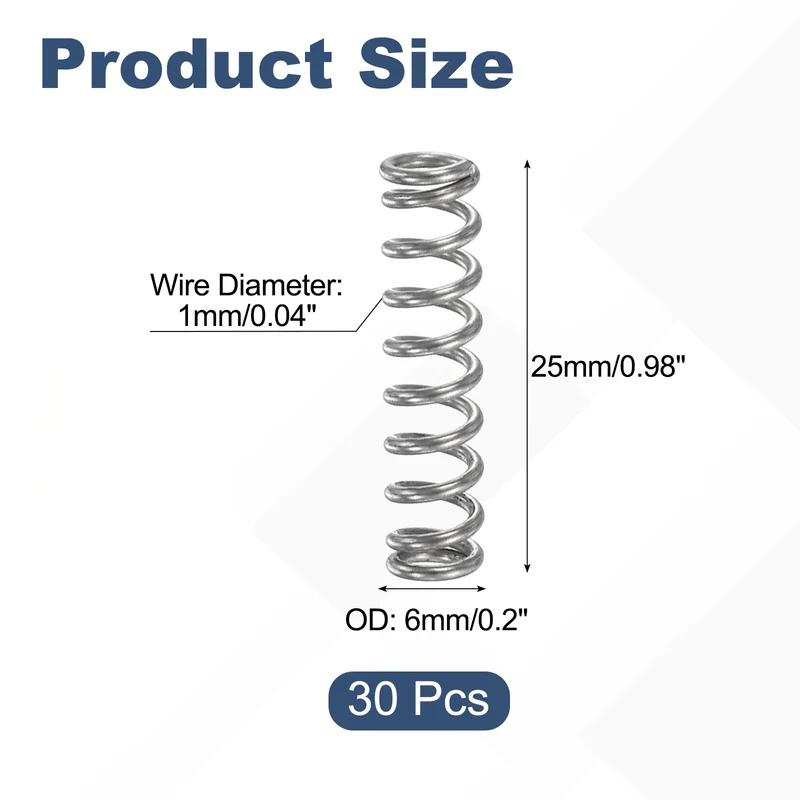 30Pcs Compression Spring 304 Stainless Steel, 1mm Wire, 6x25mm (ODxL)