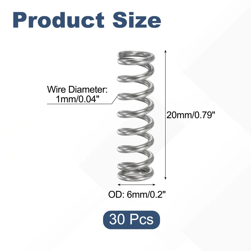 30Pcs Compression Spring 304 Stainless Steel, 1mm Wire, 6x20mm (ODxL)