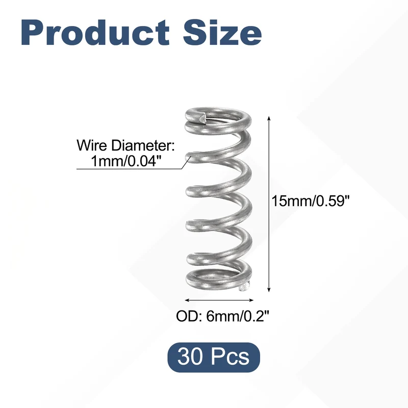 30Pcs Compression Spring 304 Stainless Steel, 1mm Wire, 6x15mm (ODxL)