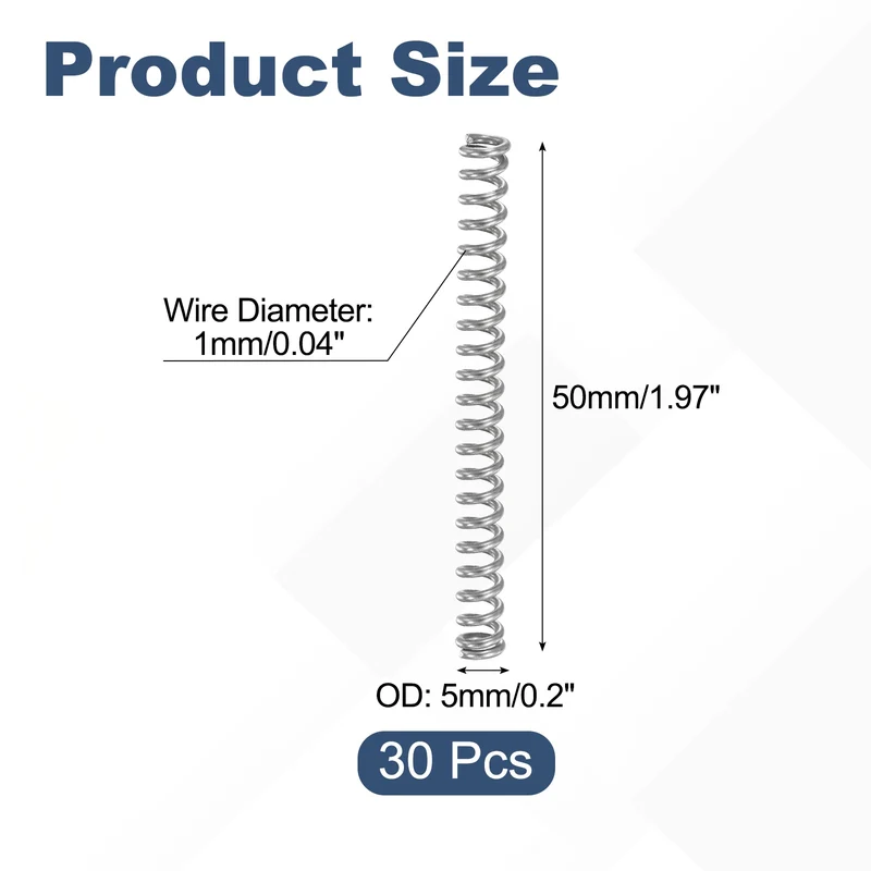 30Pcs Compression Spring 304 Stainless Steel, 1mm Wire, 5x50mm (ODxL)