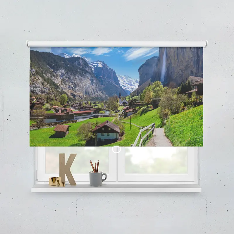 Springrollo Motiv "Bergdorf Schweiz Wasserfall"