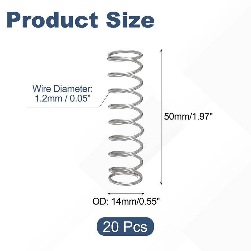 20Pcs Compression Spring 304 Stainless Steel, 1.2mm Wire, 14x50mm (ODxL)