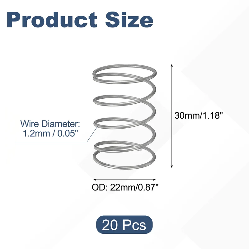20Pcs Compression Spring 304 Stainless Steel, 1.2mm Wire, 22x30mm (ODxL)