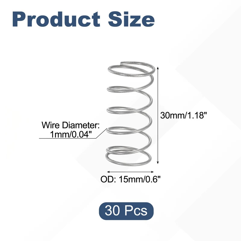 30Pcs Compression Spring 304 Stainless Steel, 1mm Wire, 15x30mm (ODxL)