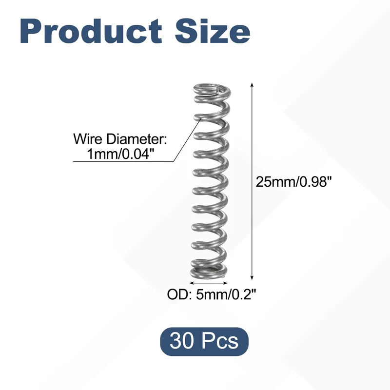 30Pcs Compression Spring 304 Stainless Steel, 1mm Wire, 5x25mm (ODxL)