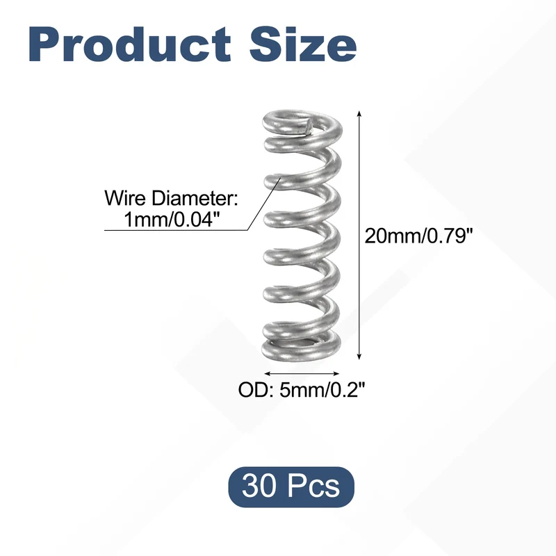 30Pcs Compression Spring 304 Stainless Steel, 1mm Wire, 5x20mm (ODxL)
