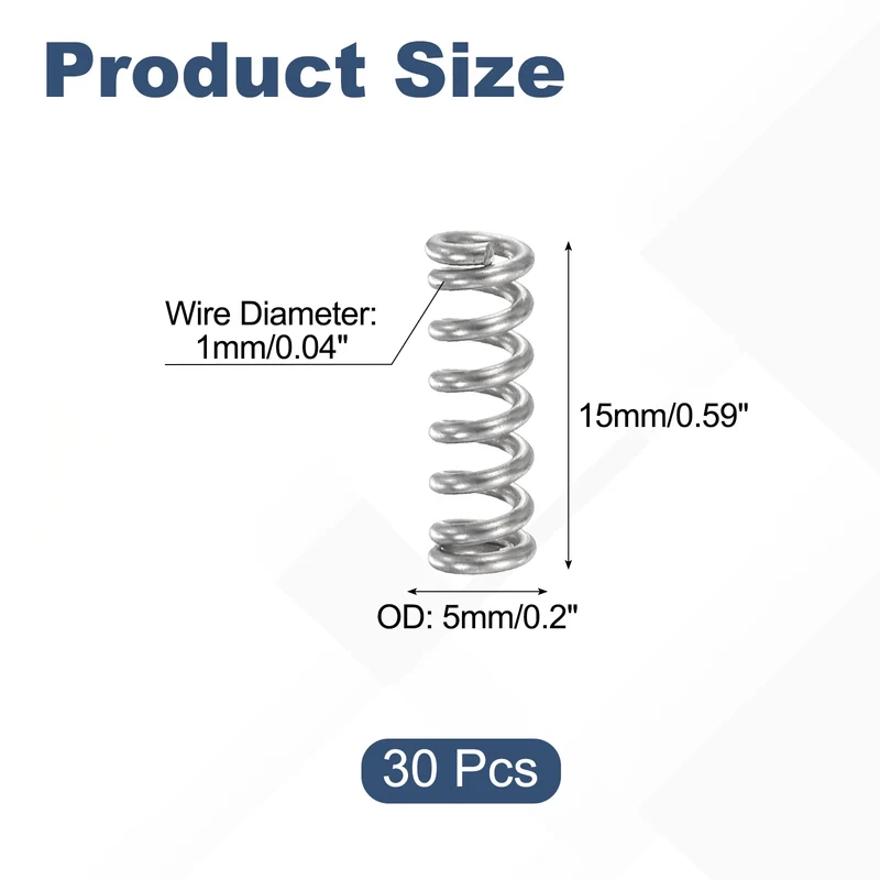 30Pcs Compression Spring 304 Stainless Steel, 1mm Wire, 5x15mm (ODxL)