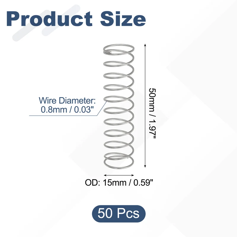 50pcs 304 Stainless Steel Compression Springs, 0.8mm x 15mm x 50mm, Silver Tone