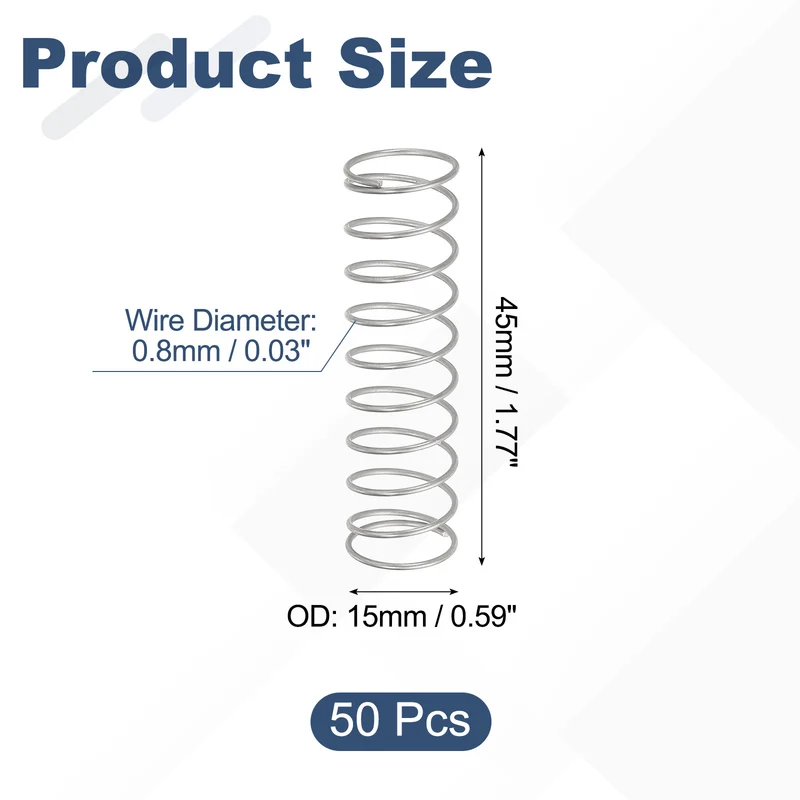50pcs 304 Stainless Steel Compression Springs, 0.8mm x 15mm x 45mm, Silver Tone