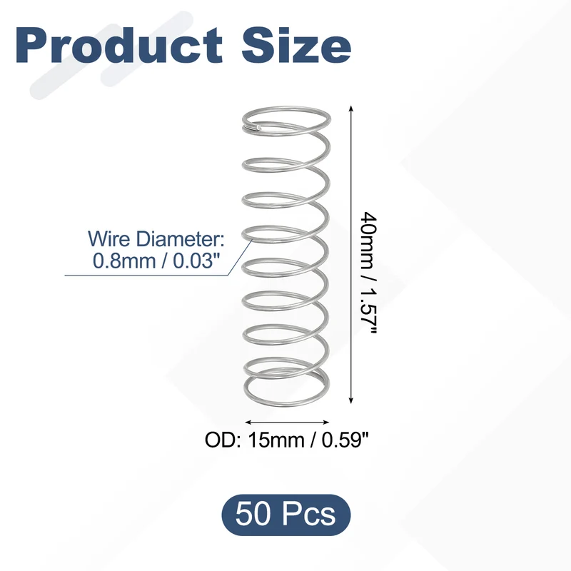 50pcs 304 Stainless Steel Compression Springs, 0.8mm x 15mm x 40mm, Silver Tone
