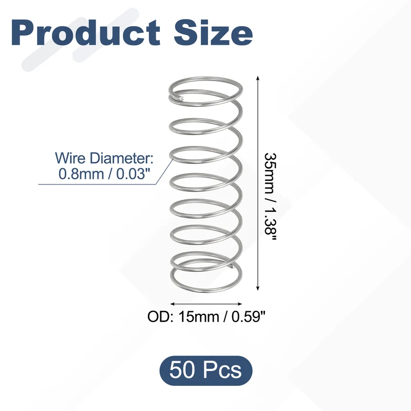 50pcs 304 Stainless Steel Compression Springs, 0.8mm x 15mm x 35mm, Silver Tone
