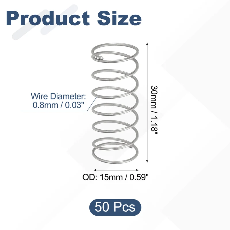 50pcs 304 Stainless Steel Compression Springs, 0.8mm x 15mm x 30mm, Silver Tone