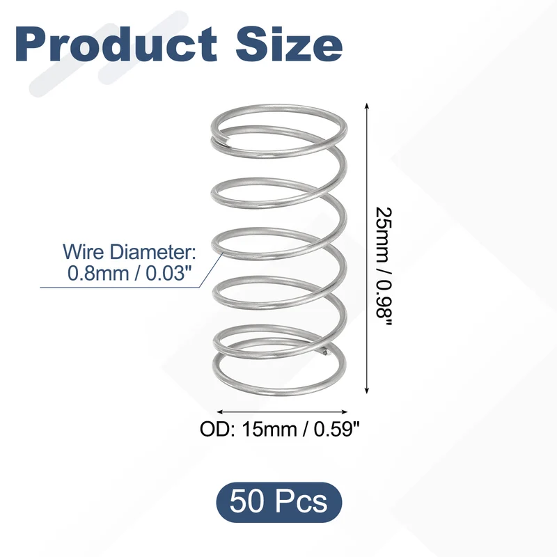 50pcs 304 Stainless Steel Compression Springs, 0.8mm x 15mm x 25mm, Silver Tone