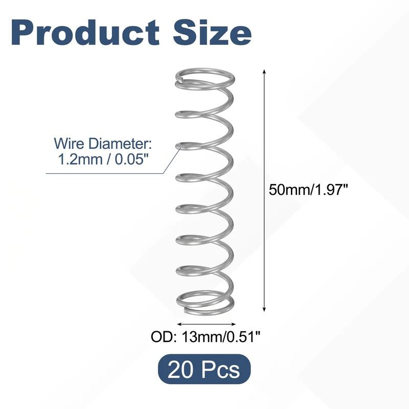 20Pcs Compression Spring 304 Stainless Steel, 1.2mm Wire, 13x50mm (ODxL)