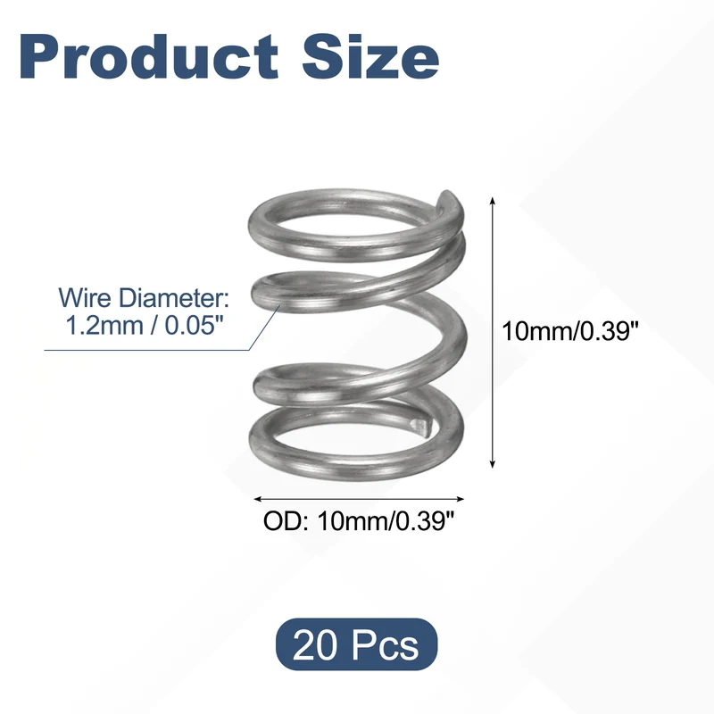 20Pcs Compression Spring 304 Stainless Steel, 1.2mm Wire, 10x10mm (ODxL)